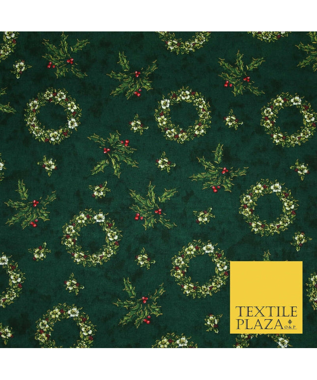 Green Christmas Holly Berry Floral Wreaths Printed 100% Cotton Fabric 54" 4117