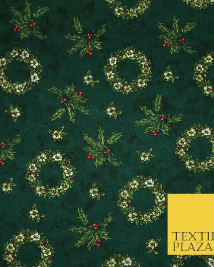Green Christmas Holly Berry Floral Wreaths Printed 100% Cotton Fabric 54" 4117