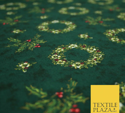 Green Christmas Holly Berry Floral Wreaths Printed 100% Cotton Fabric 54" 4117