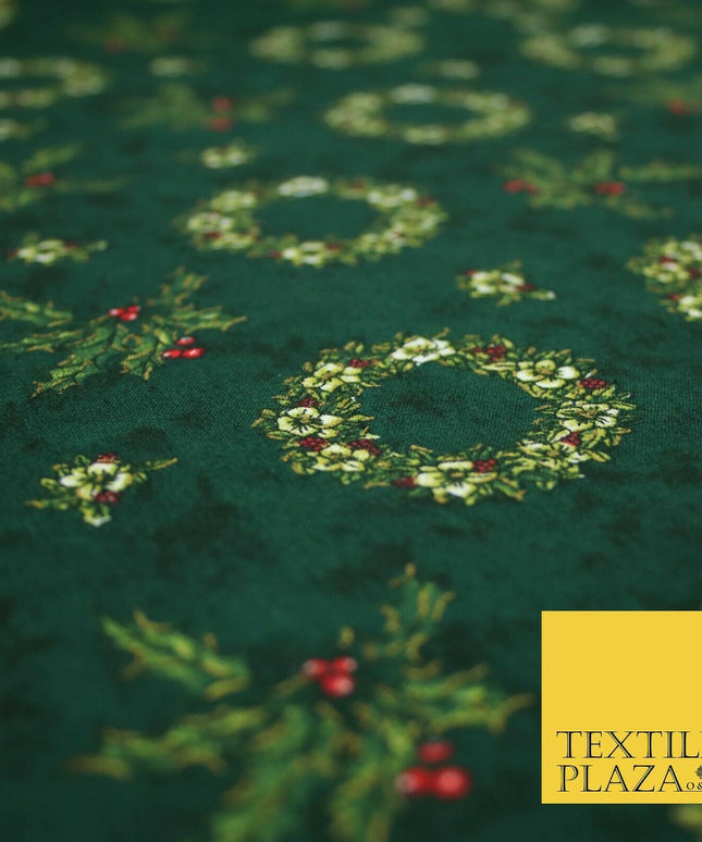 Green Christmas Holly Berry Floral Wreaths Printed 100% Cotton Fabric 54" 4117