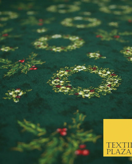 Green Christmas Holly Berry Floral Wreaths Printed 100% Cotton Fabric 54" 4117