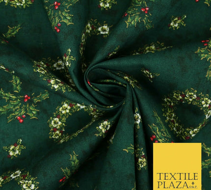 Green Christmas Holly Berry Floral Wreaths Printed 100% Cotton Fabric 54" 4117
