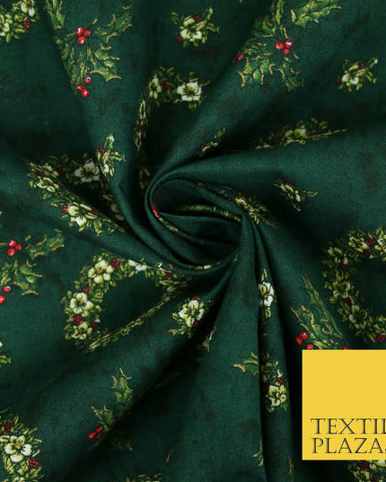 Green Christmas Holly Berry Floral Wreaths Printed 100% Cotton Fabric 54" 4117