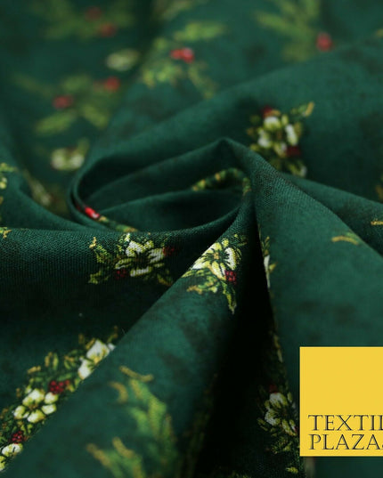 Green Christmas Holly Berry Floral Wreaths Printed 100% Cotton Fabric 54" 4117