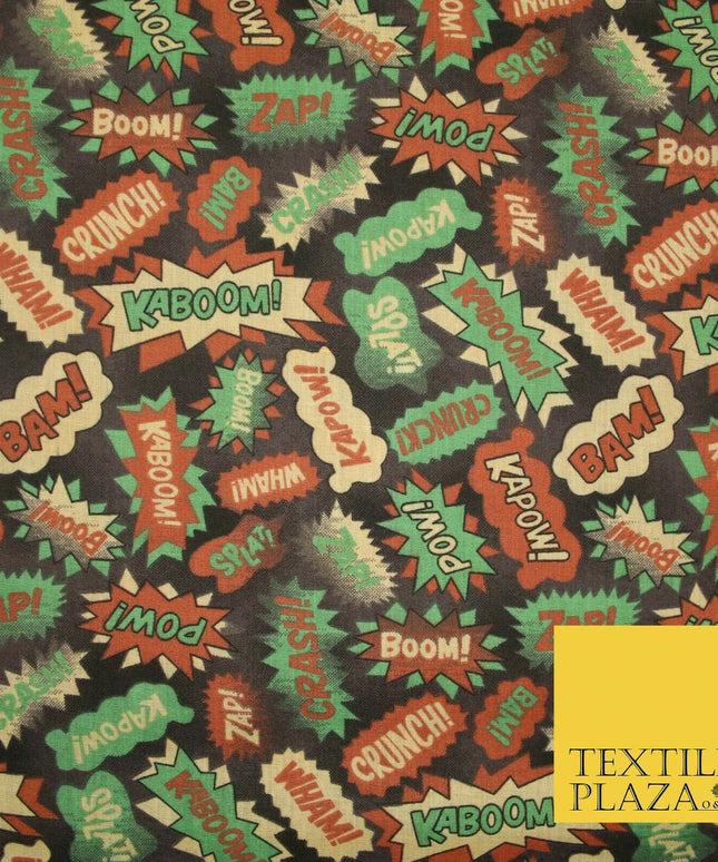POW ZAPP WHAM KAPOW BOOM Kids Cartoon Comic Book Printed Polycotton Fabric 44"