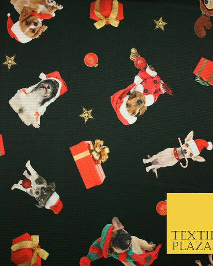 Festive Spaniel Pug Mix Dogs Gifts Stars Christmas Waffle Jersey Fabric 58" 5049
