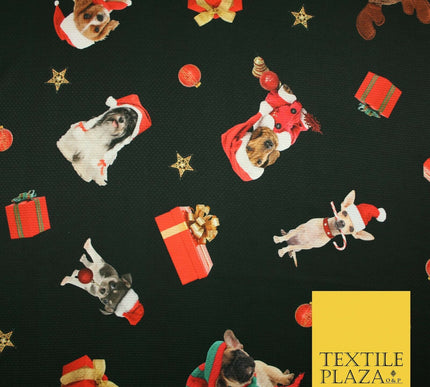 Festive Spaniel Pug Mix Dogs Gifts Stars Christmas Waffle Jersey Fabric 58" 5049