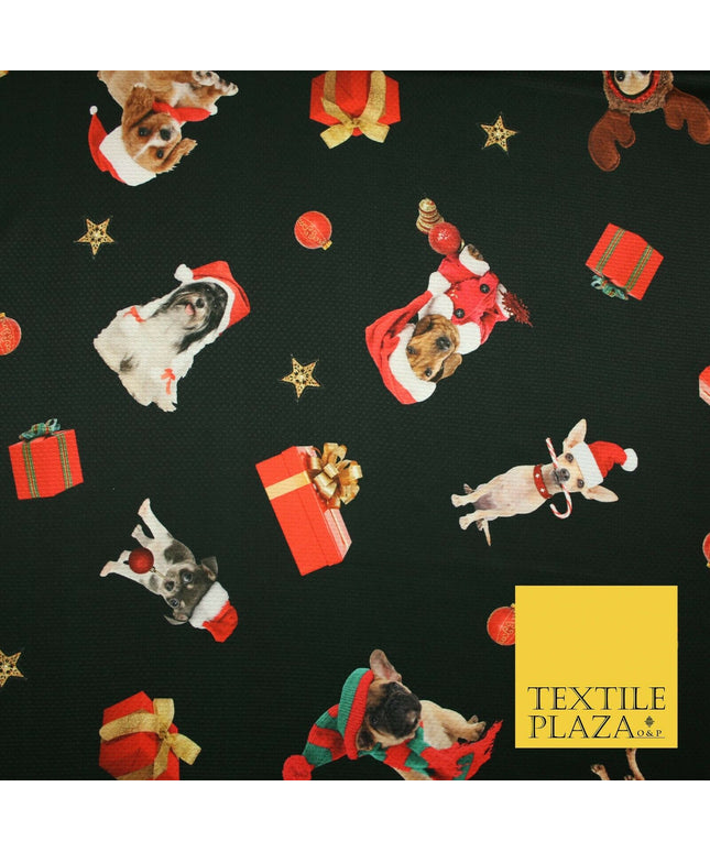 Festive Spaniel Pug Mix Dogs Gifts Stars Christmas Waffle Jersey Fabric 58" 5049