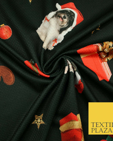 Festive Spaniel Pug Mix Dogs Gifts Stars Christmas Waffle Jersey Fabric 58" 5049