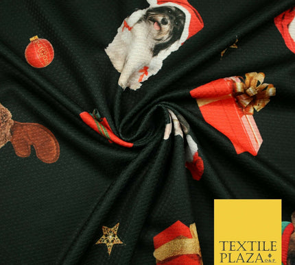 Festive Spaniel Pug Mix Dogs Gifts Stars Christmas Waffle Jersey Fabric 58" 5049