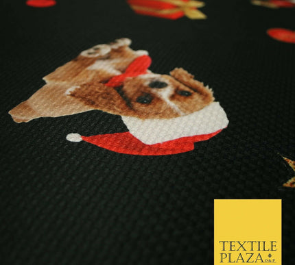 Festive Spaniel Pug Mix Dogs Gifts Stars Christmas Waffle Jersey Fabric 58" 5049