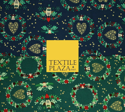 Festive Christmas Love Heart Wreath Owls Stars Printed 100% Cotton Fabric 54"