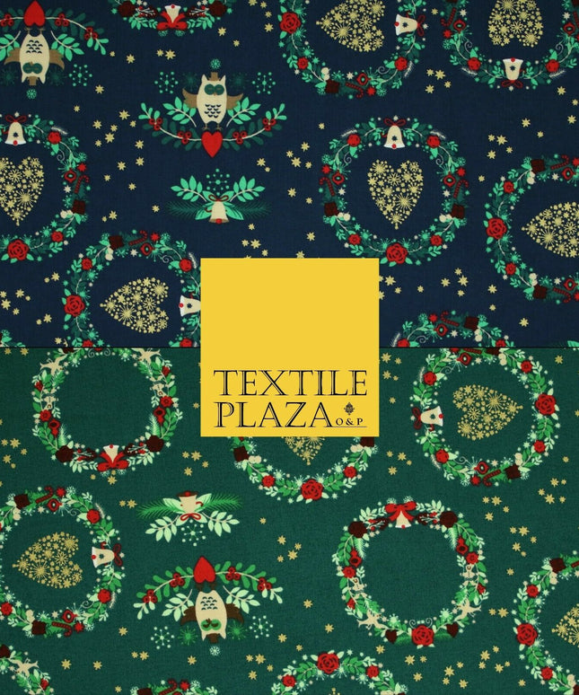 Festive Christmas Love Heart Wreath Owls Stars Printed 100% Cotton Fabric 54"