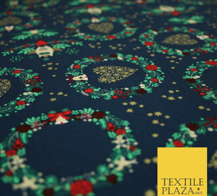 Festive Christmas Love Heart Wreath Owls Stars Printed 100% Cotton Fabric 54"