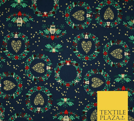 Festive Christmas Love Heart Wreath Owls Stars Printed 100% Cotton Fabric 54"