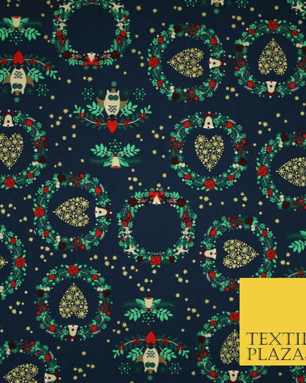 Festive Christmas Love Heart Wreath Owls Stars Printed 100% Cotton Fabric 54"