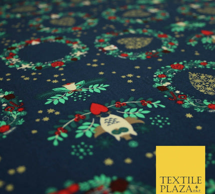 Festive Christmas Love Heart Wreath Owls Stars Printed 100% Cotton Fabric 54"