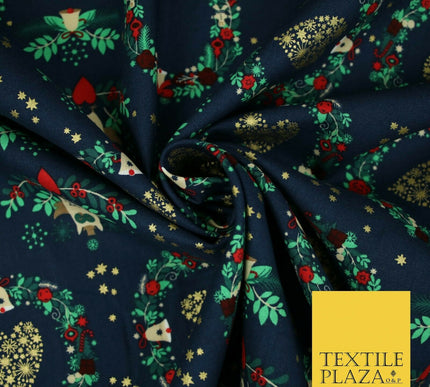 Festive Christmas Love Heart Wreath Owls Stars Printed 100% Cotton Fabric 54"