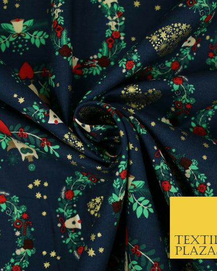 Festive Christmas Love Heart Wreath Owls Stars Printed 100% Cotton Fabric 54"