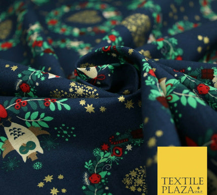 Festive Christmas Love Heart Wreath Owls Stars Printed 100% Cotton Fabric 54"