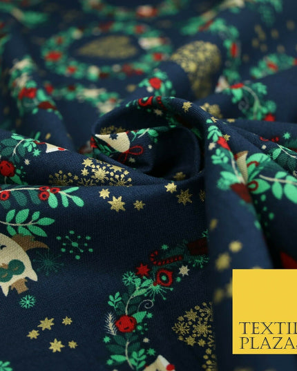 Festive Christmas Love Heart Wreath Owls Stars Printed 100% Cotton Fabric 54"