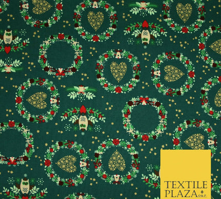 Festive Christmas Love Heart Wreath Owls Stars Printed 100% Cotton Fabric 54"