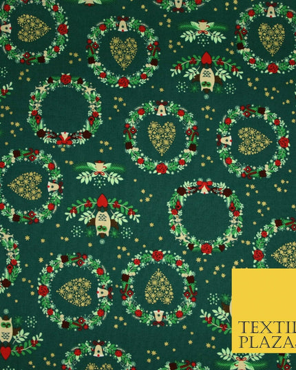 Festive Christmas Love Heart Wreath Owls Stars Printed 100% Cotton Fabric 54"