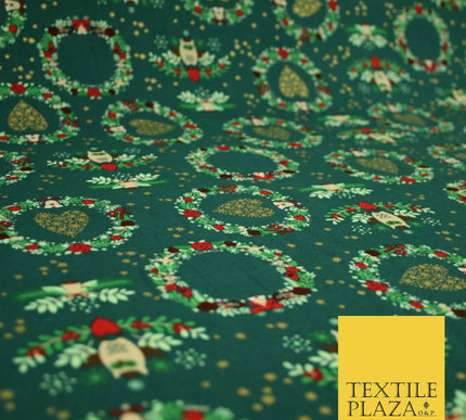 Festive Christmas Love Heart Wreath Owls Stars Printed 100% Cotton Fabric 54"