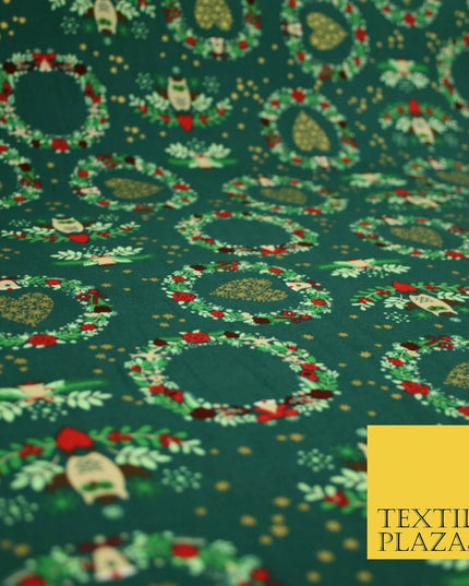 Festive Christmas Love Heart Wreath Owls Stars Printed 100% Cotton Fabric 54"