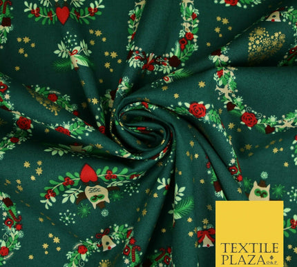 Festive Christmas Love Heart Wreath Owls Stars Printed 100% Cotton Fabric 54"