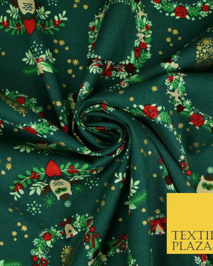 Festive Christmas Love Heart Wreath Owls Stars Printed 100% Cotton Fabric 54"
