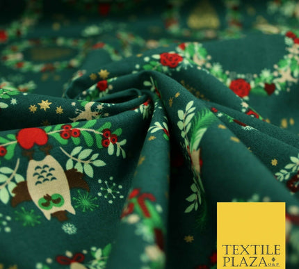 Festive Christmas Love Heart Wreath Owls Stars Printed 100% Cotton Fabric 54"