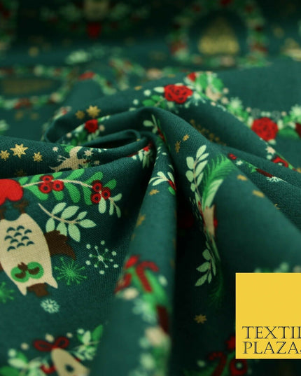 Festive Christmas Love Heart Wreath Owls Stars Printed 100% Cotton Fabric 54"