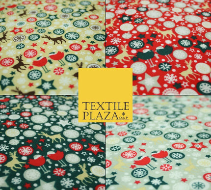 Christmas Robin Star Snowflake Bauble Printed Poly Cotton Fabric Polycotton 45"