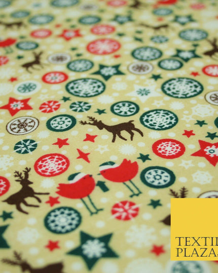 Christmas Robin Star Snowflake Bauble Printed Poly Cotton Fabric Polycotton 45"