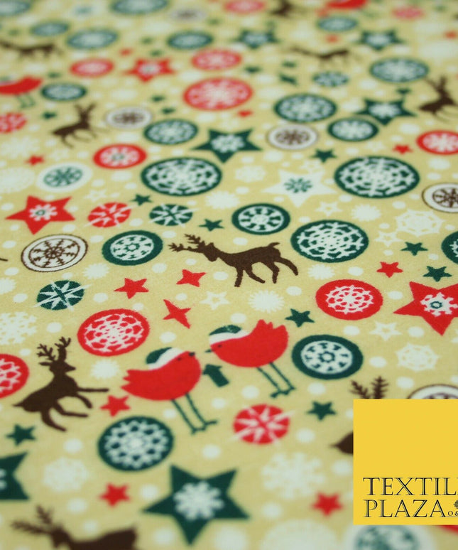 Christmas Robin Star Snowflake Bauble Printed Poly Cotton Fabric Polycotton 45"