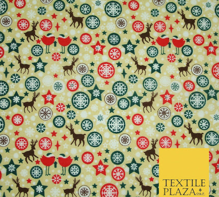 Christmas Robin Star Snowflake Bauble Printed Poly Cotton Fabric Polycotton 45"