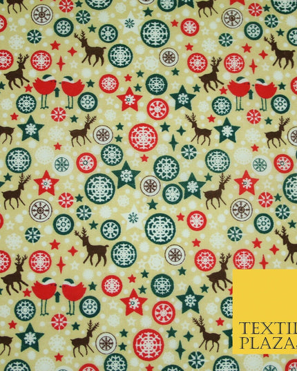 Christmas Robin Star Snowflake Bauble Printed Poly Cotton Fabric Polycotton 45"