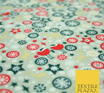 Christmas Robin Star Snowflake Bauble Printed Poly Cotton Fabric Polycotton 45"