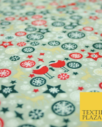 Christmas Robin Star Snowflake Bauble Printed Poly Cotton Fabric Polycotton 45"