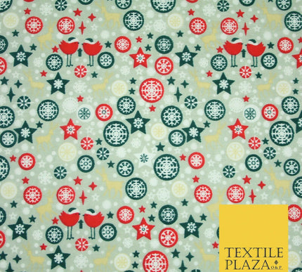 Christmas Robin Star Snowflake Bauble Printed Poly Cotton Fabric Polycotton 45"