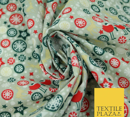 Christmas Robin Star Snowflake Bauble Printed Poly Cotton Fabric Polycotton 45"