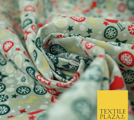 Christmas Robin Star Snowflake Bauble Printed Poly Cotton Fabric Polycotton 45"