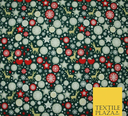 Christmas Robin Star Snowflake Bauble Printed Poly Cotton Fabric Polycotton 45"