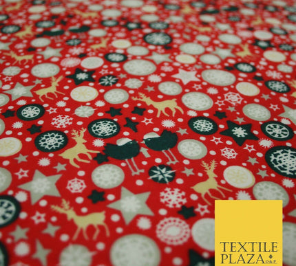 Christmas Robin Star Snowflake Bauble Printed Poly Cotton Fabric Polycotton 45"