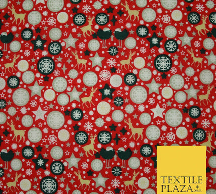 Christmas Robin Star Snowflake Bauble Printed Poly Cotton Fabric Polycotton 45"