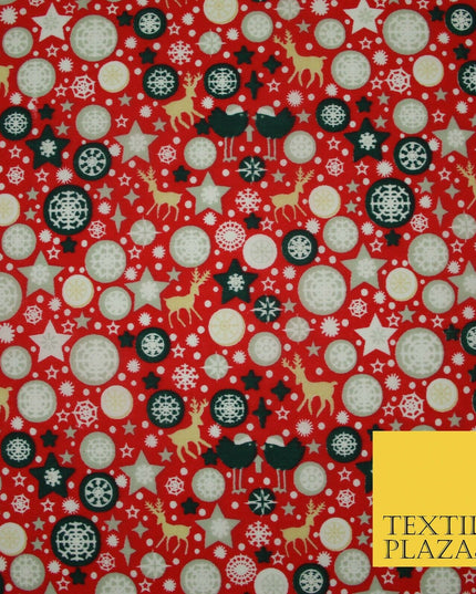 Christmas Robin Star Snowflake Bauble Printed Poly Cotton Fabric Polycotton 45"