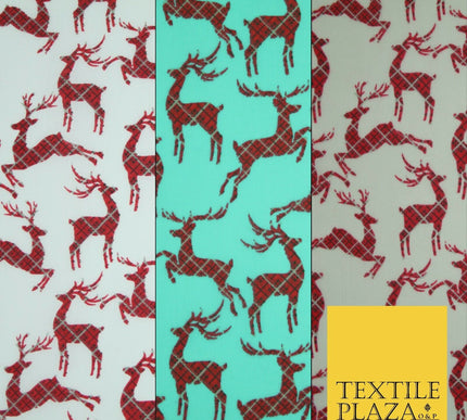 Tartan Check Reindeer Stag Christmas Printed Poly Cotton Fabric Polycotton 45"
