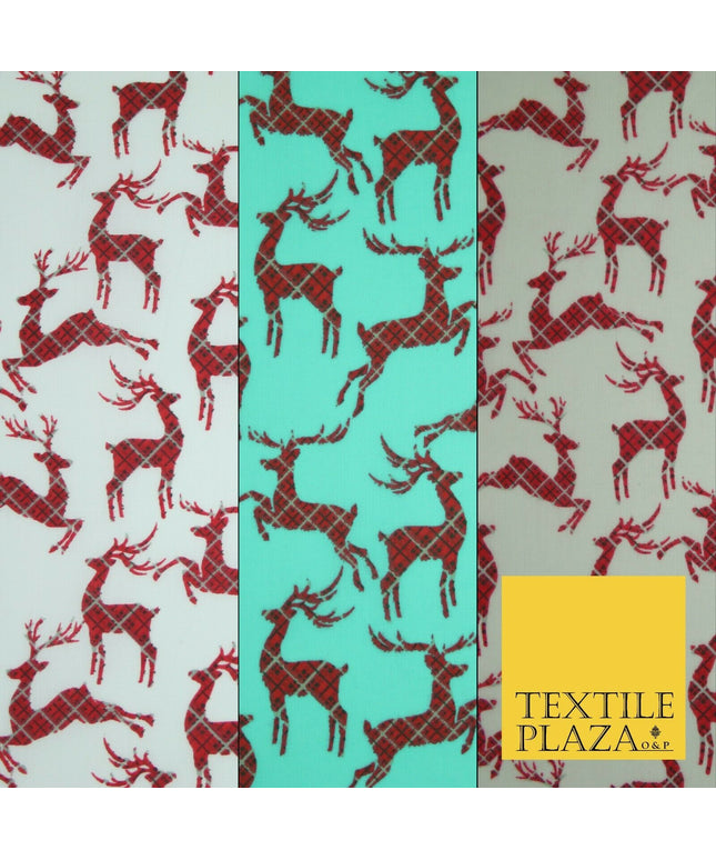 Tartan Check Reindeer Stag Christmas Printed Poly Cotton Fabric Polycotton 45"