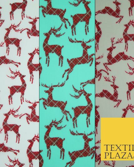Tartan Check Reindeer Stag Christmas Printed Poly Cotton Fabric Polycotton 45"